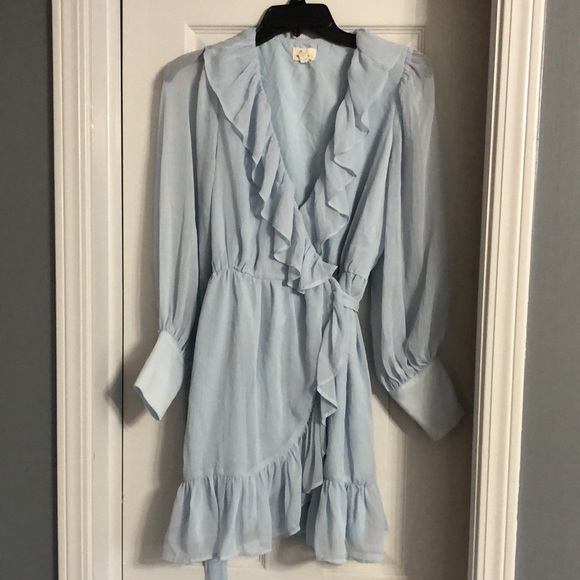 Lena Ruffled V-Neck Puff Sleeve Button Wrist True Wrap Mini Dress in Light Blue - Picture 4 of 12